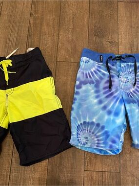 Hurley Kids Swim Trunks - Blue Tie-Dye & Black with Yellow Stripe
